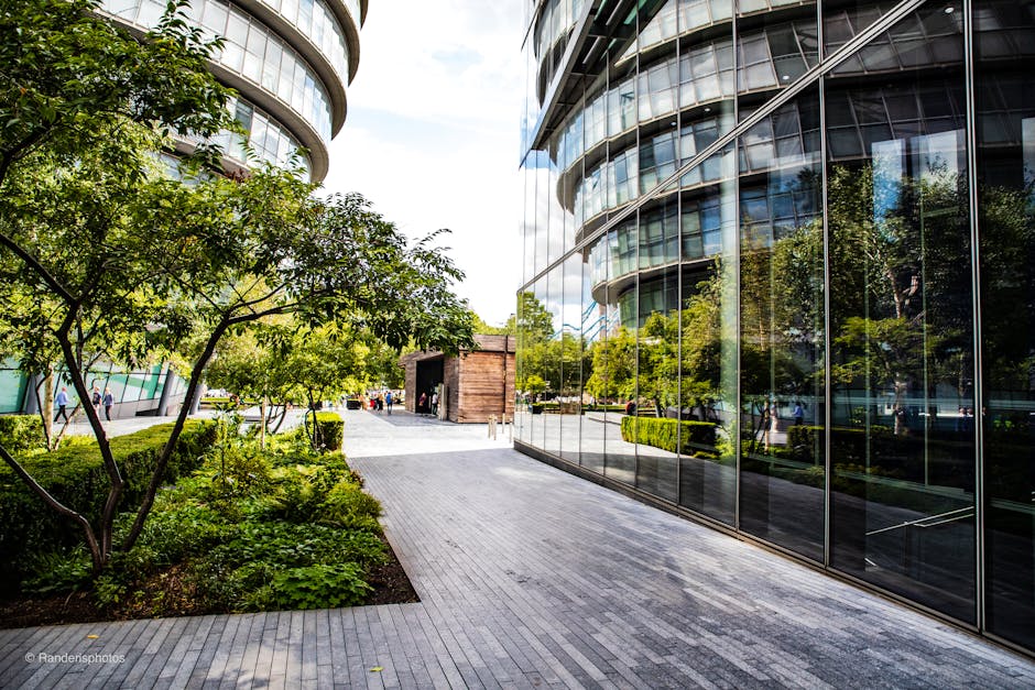 A modern urban courtyard featuring a neatly maintained garden bed with lush green shrubs and a small tree with textured leaves, contrasted against the sleek, curved glass facades of contemporary offic
